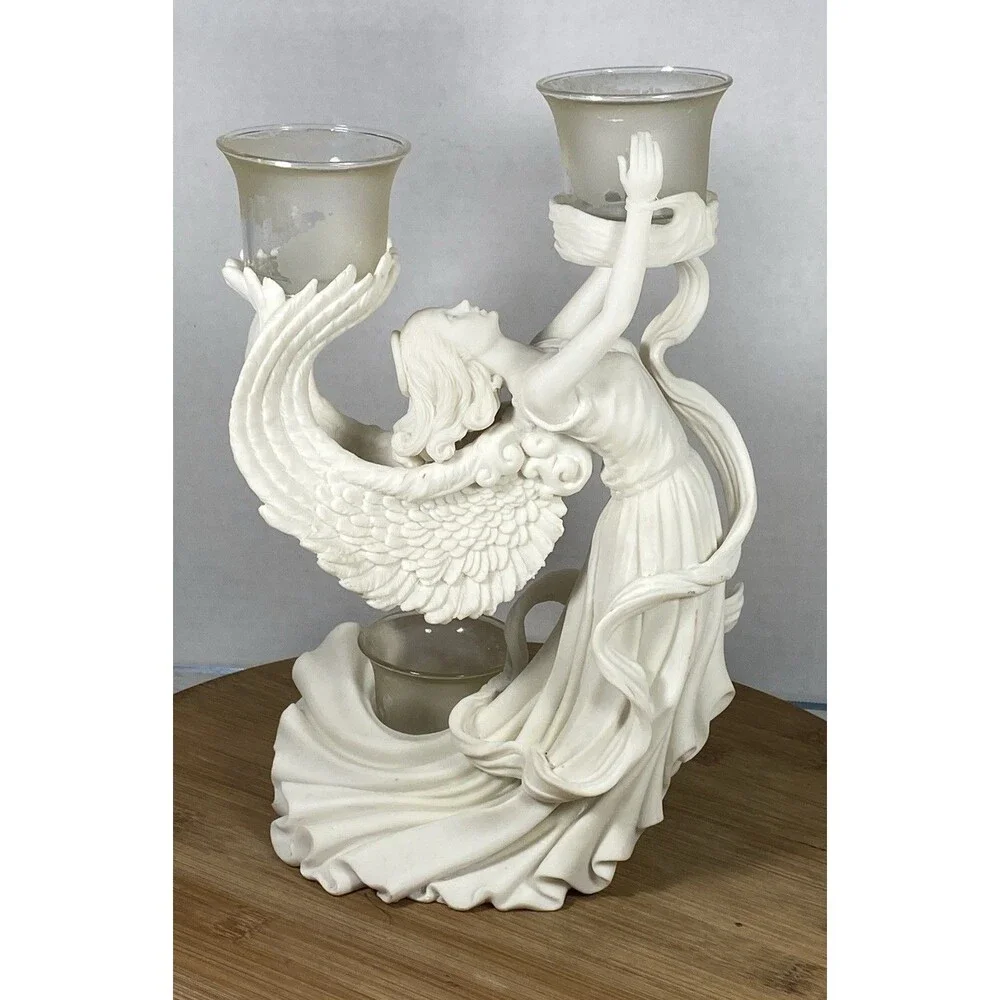 Vintage Faith Love and Peace Angel w/ 3 Votive Candles 11” Tall